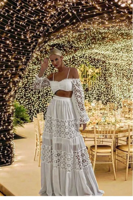 Conjunto Saia Longa Forrada E Cropped Manga Longa Sem Bojo  - Em Poliéster Com Glupier